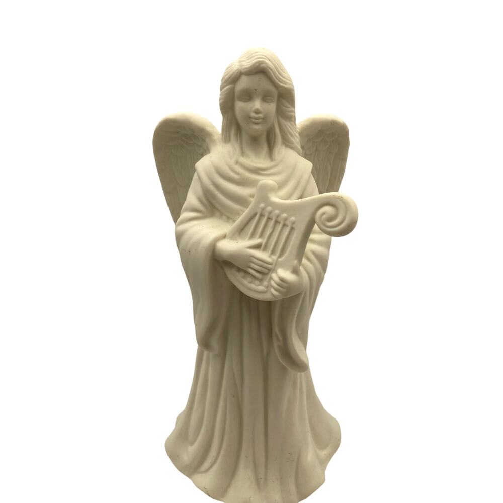 Angel Candle Stick Holder Ivory Tones w/Harp 1980s Porcelain PartyLite 9.5" Tall